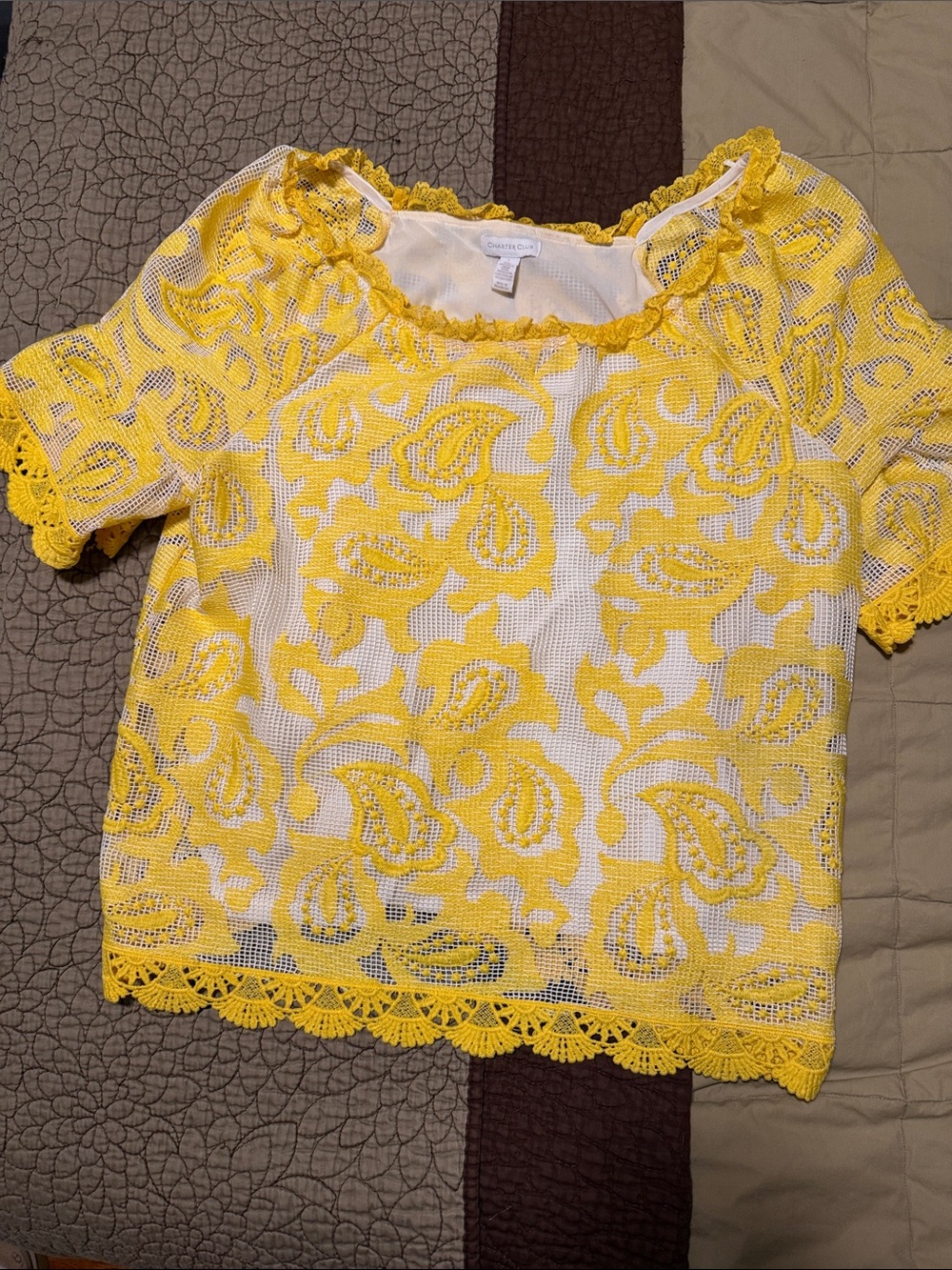 Charter Club Yellow Crochet Lace Overlay Large Top with White Lining